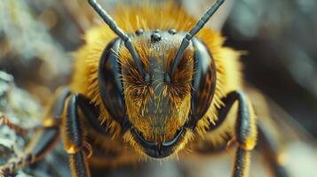 A close-up image of a bee with pollen on its face and wings, emphasizing the beauty of nature. photo
