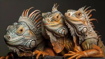 A group of three bearded dragons looking at the camera. photo