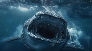 Large predatory shark in the ocean, looking upward towards the camera with its mouth open. photo