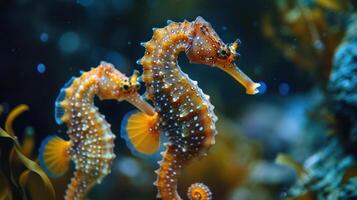A majestic underwater fantasy featuring a pair of orange and white sea horses with shimmering blue d photo