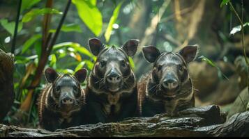 A pair of small wild pigs looking towards a camera in their natural jungle habitat. photo