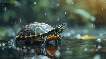 A turtle on a pond under rain with droplets falling and greenery in the background. photo