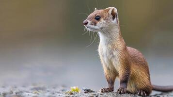 A small, fluffy red squirrel with a surprised expression stands on a surface near water. photo