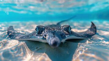 Close-up photograph of a flatfish with one eye visible, basking in the shallow waters. photo