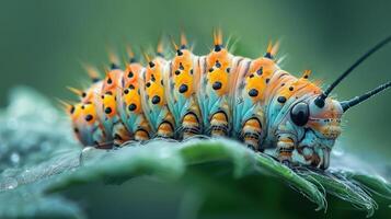 A close-up photograph of a vibrant, multi-colored caterpillar crawling over the surface of a leaf. photo