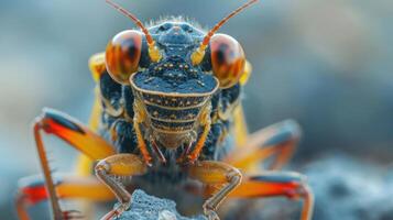 a close-up image of an orange, red, yellow, and black bug perched on rocks. photo