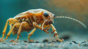 A brown beetle walking across the road with its antennae and legs extended, photo