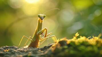 A close-up of a green mantis perched on a rock, illuminated by sunlight filtering through the trees. photo