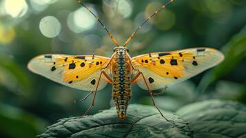 Close-up photograph of an ornate hawk-moth perched on a leaf in a natural, green setting. photo