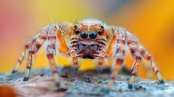 A beautiful spider with a red color background and green leaves in the backdrop. photo