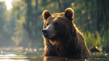 A brown bear standing in the water with its head out, looking forward. photo