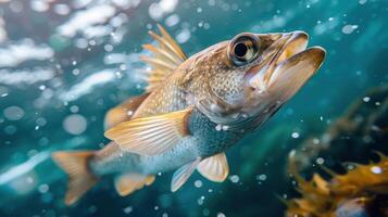 A colorful fish with distinctive fins and tail swimming in a clear ocean, photo