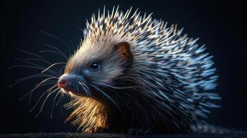 A close-up photograph of a hedgehog with a focused expression and white spines. photo