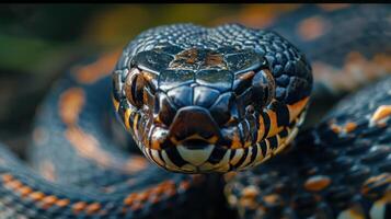 a close-up image of a rattlesnake. It shows the head with its distinctive pattern, eyes, photo