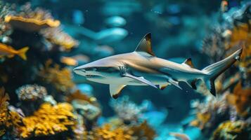Sharp image of a jagged tooth shark swimming near colorful corals and sea fans. photo