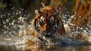 A majestic tiger with its mouth open, swimming in a river during the daytime. photo