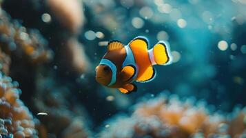 A close-up image of a Clownfish, or Nemo, swimming next to colorful corals in the ocean. photo