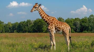 A single giraffe standing amidst wildflowers and grass. photo