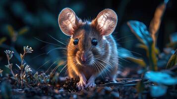 A tiny mouse with big, round ears is captured in the dimly lit outdoors at night, photo