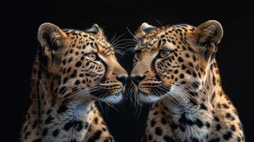 The two cheetahs are mirrored, showing the left side of their faces on the right and vice versa. photo