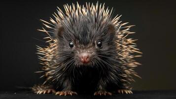 A close-up portrait of a porcupine with its head facing the camera and sharp quills covering most of photo