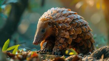 A close-up photograph of an Asian pangolin covered in tree bark or leaves, photo