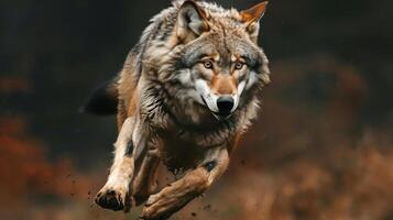 The wolf is captured in motion, running at full speed through a wooded area during the day. photo