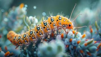 A vibrant display of nature with multiple yellow and black caterpillars and delicate, photo