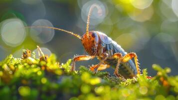 A vividly-colored crab with a red shell on a rocky surface, in focus under a bokeh background. photo