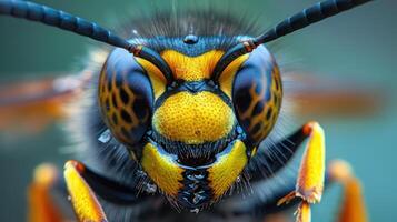 a close-up photo of a yellow and black bee, showing its large, dark eyes, long antennae,