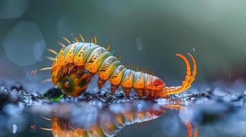 A close-up shot of a colorful insect, possibly a beetle or a stick insect, photo