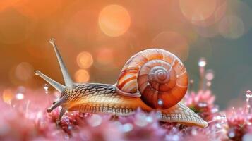 A close-up image of a snail on pink flowers, with bokeh effect, photo