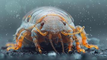A centipede stands on a surface with raindrops falling gently around it. photo