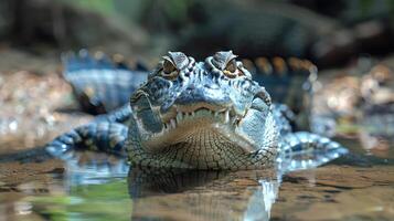 A gator with its mouth open, showing teeth and part of its body partially submerged in a river. photo