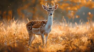 A young deer walks through a field with autumn leaves, creating a peaceful and serene atmosphere. photo