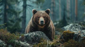 A large brown bear standing on a rocky mountain with trees and mountains in the background. photo