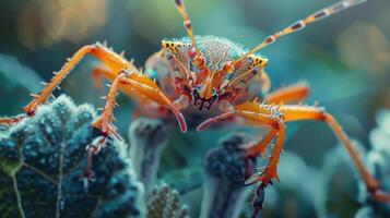 A vibrant close-up of a colorful insect with distinctive yellow and red patterns. photo