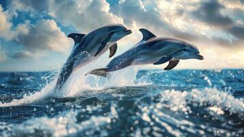 Two dolphins jumping in the air with a beautiful background of clouds and sky. photo