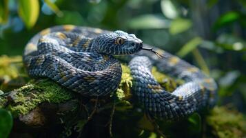A snake with blue and yellow patterned scales resting atop a mossy tree limb in the jungle, photo