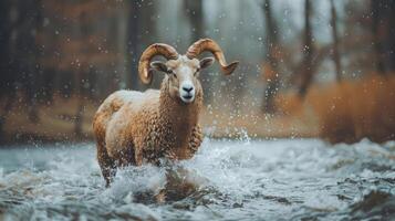 A ram with large, curved horns runs in a shallow stream. photo