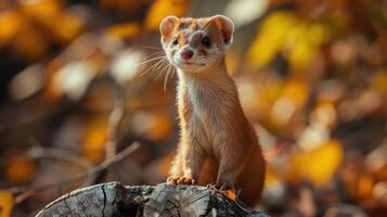 A small brown squirrel is standing on a fallen tree branch and looking straight at the camera with a photo