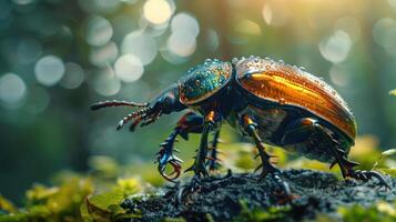 A colorful bug stands out against a background of blurred, bokeh-effected leaves and greenery, photo