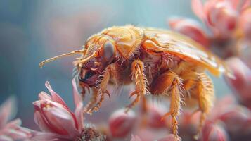 Close-up photograph of a beetle on pink flowers, likely in a garden setting. photo