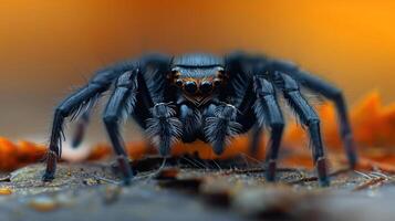 A close-up photograph of a black spider with intricate web patterning on a leaf, photo
