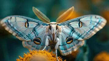 A close-up of a butterfly's face and chest in full color, with its wings folded. photo