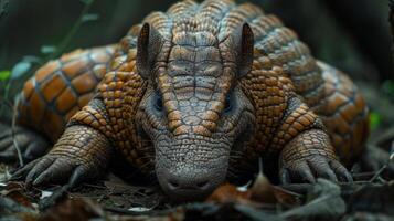 A close-up image of an ancient alligator with a textured body and a long snout, photo