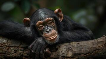 A monkey sits comfortably on a tree branch, leaning back with its hands resting gently on the limb. photo