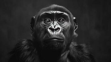 A black and white photo of a monkey with a crown on its head, set against a gray background.