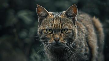 A wild and curious tiger, poised to pounce, stares directly into the camera with an intense gaze. photo