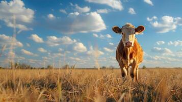 A single cow walking through an open, grassy field on a sunny day, looking into the distance. photo